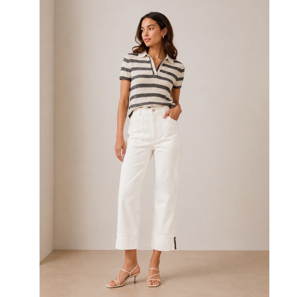 NWT‎ Ted Baker Estia Wide Leg Jean Women 25 Ivory High Rise Cuffed Patch Pocket